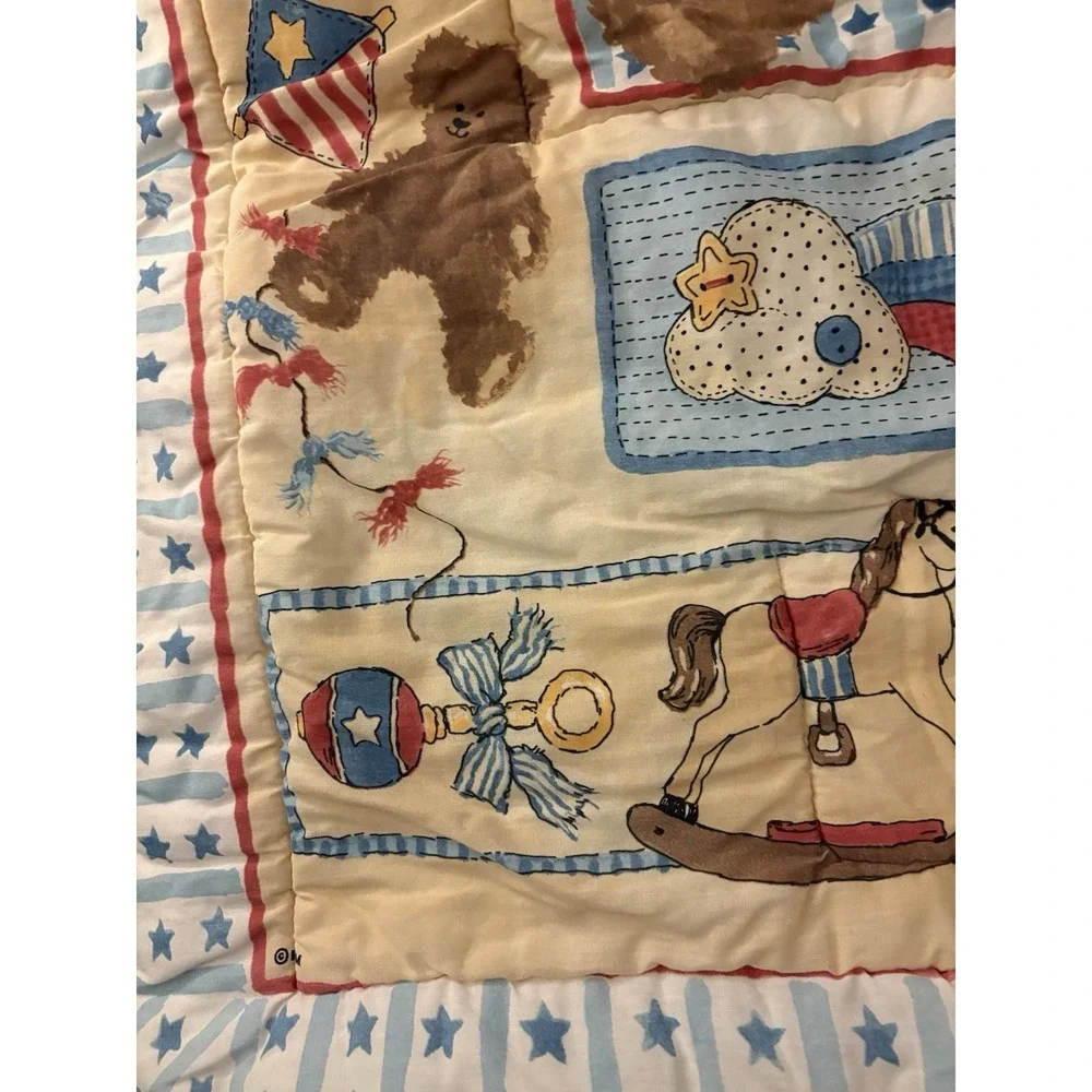 VTG Baby Crib Blanket Bears Flag Toys Blocks Hobby Horse Stars Blue Red Yellow
